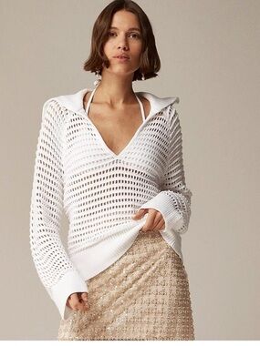 J.Crew  Crochet Sailor Collar Sweater white cotton open knit size medium